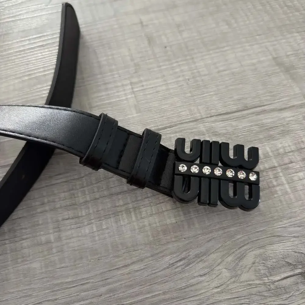 Miin Miin Black Leather Belt with Rhinestone Embellished Buckle